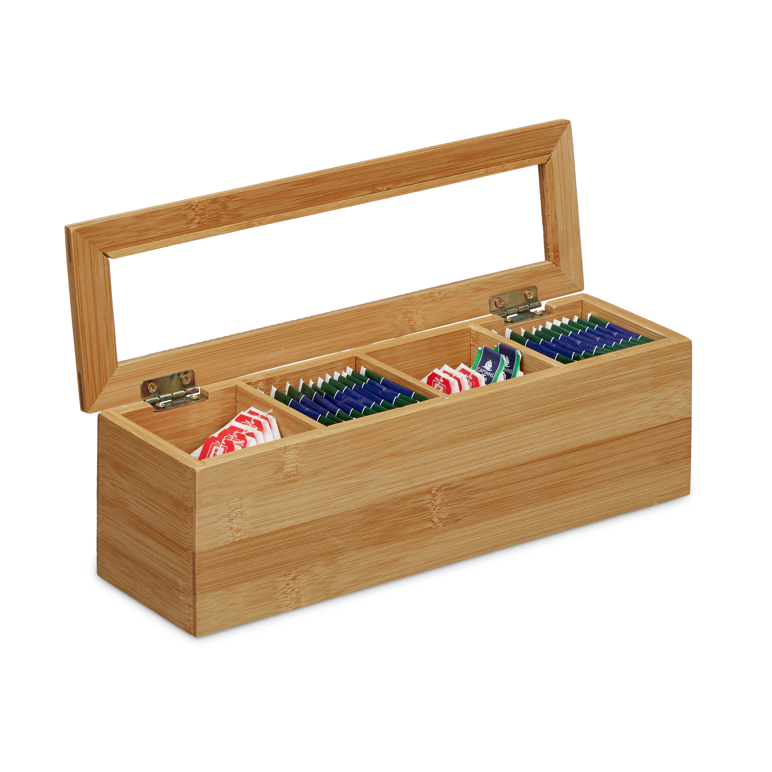 Scatola Porta Tè In Bambù Con Finestra In Vetro - 8 Scomparti Per Bustine, Cialde Caffè E Spezie - Organizer Da Cucina E Confezione Regalo - 30x19x9 Cm - 2
