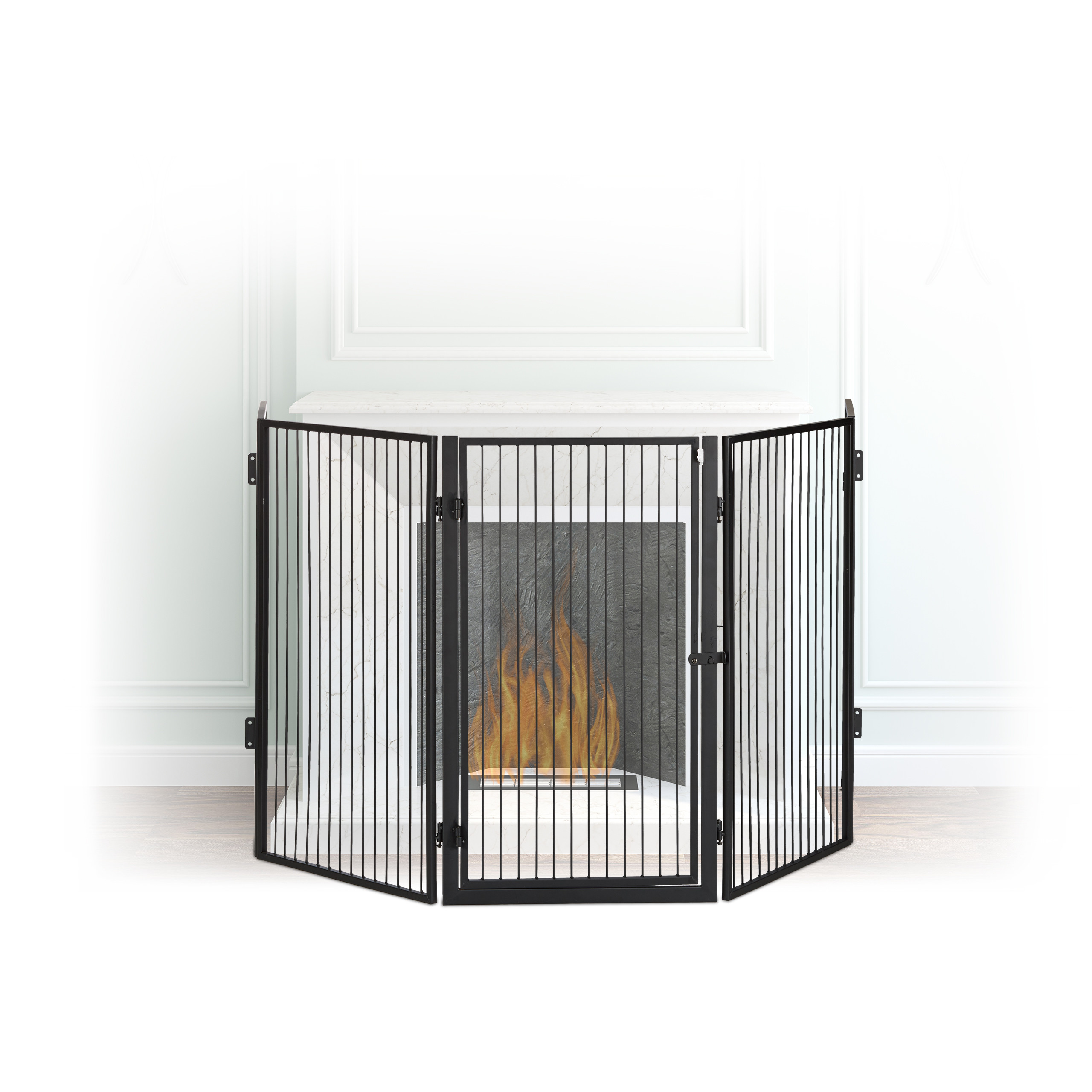 Rejilla De Protección Para Chimenea Plegable 300 Cm - Negra, De Metal, Con Puerta, Para Niños Y Mascotas