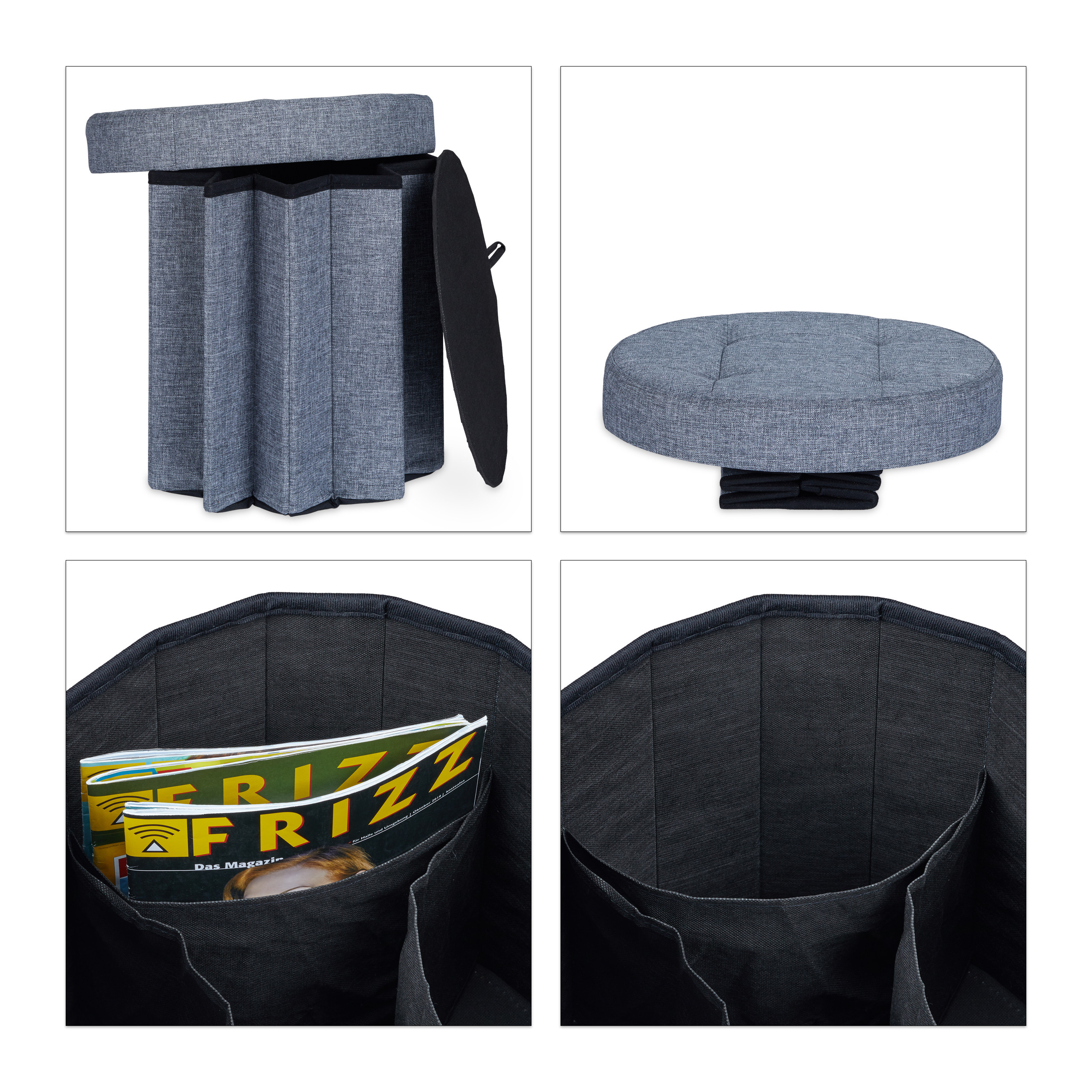 Taburete almacenaje puff redondo asiento plegable ligero 30 L taburete acolchado - Imagen 7 de 16