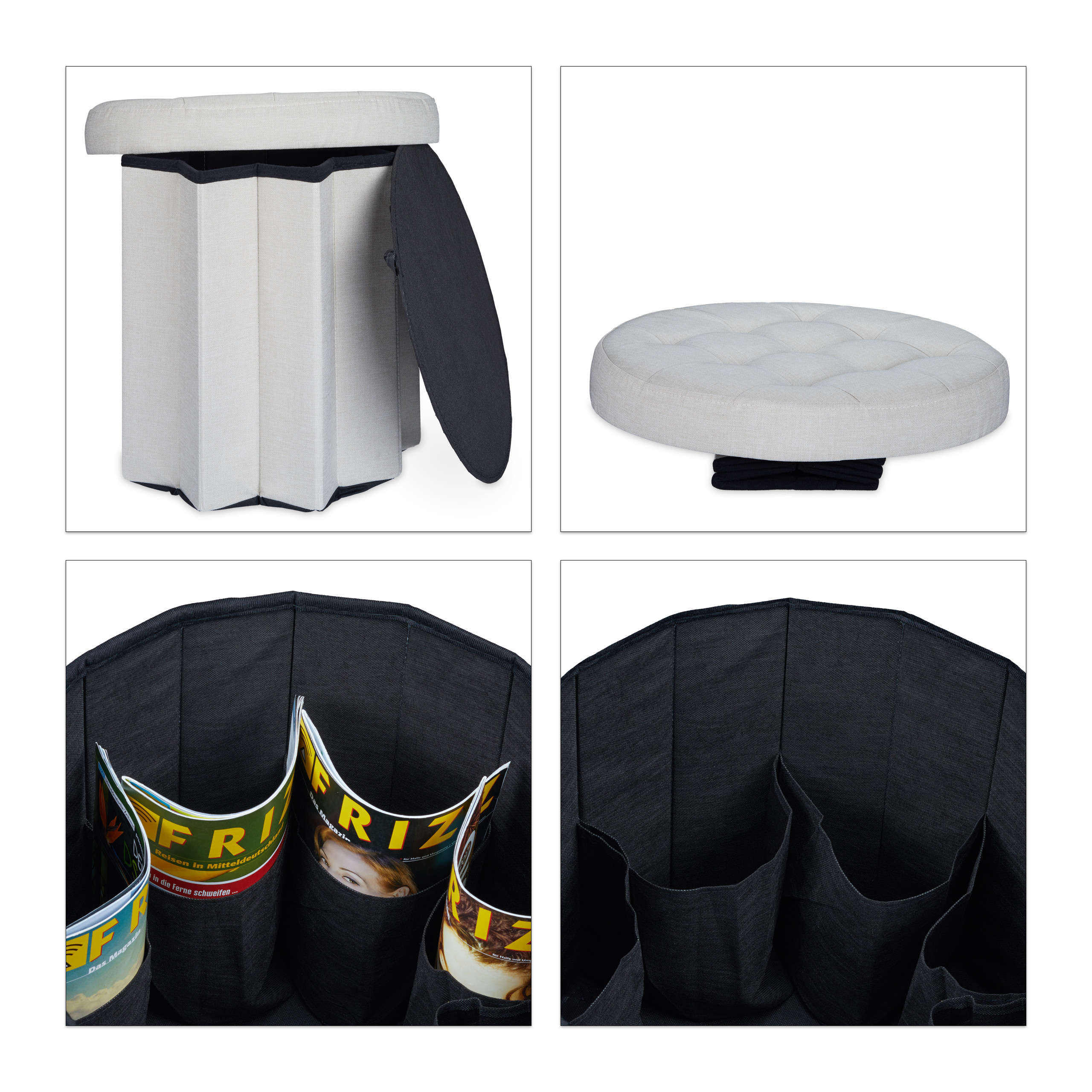 Baul almacenamiento puff redondo taburete plegable caja decorativa 50 L ligero - Imagen 16 de 18