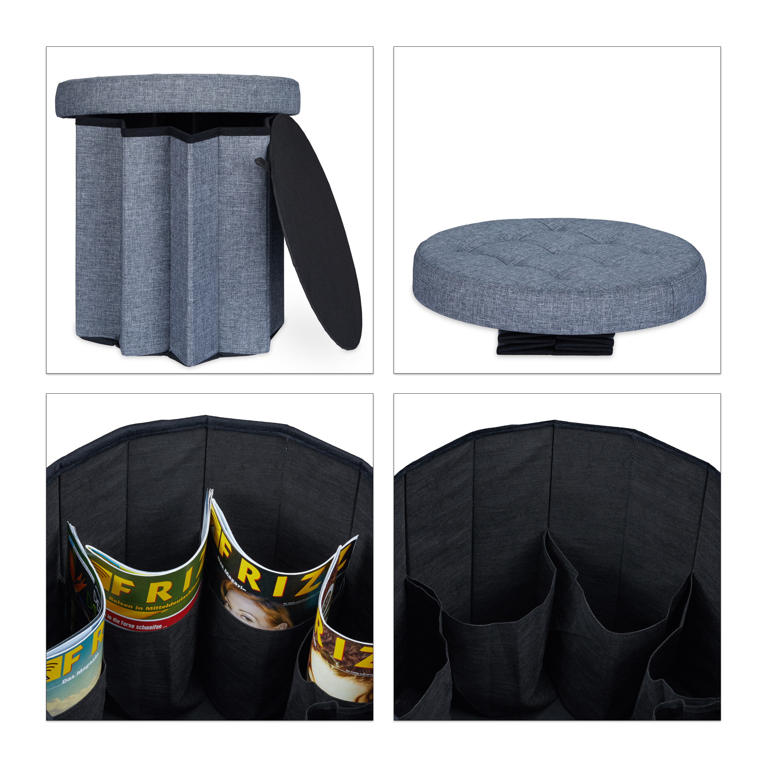 Baul almacenamiento puff redondo taburete plegable caja decorativa 50 L ligero - Imagen 8 de 18
