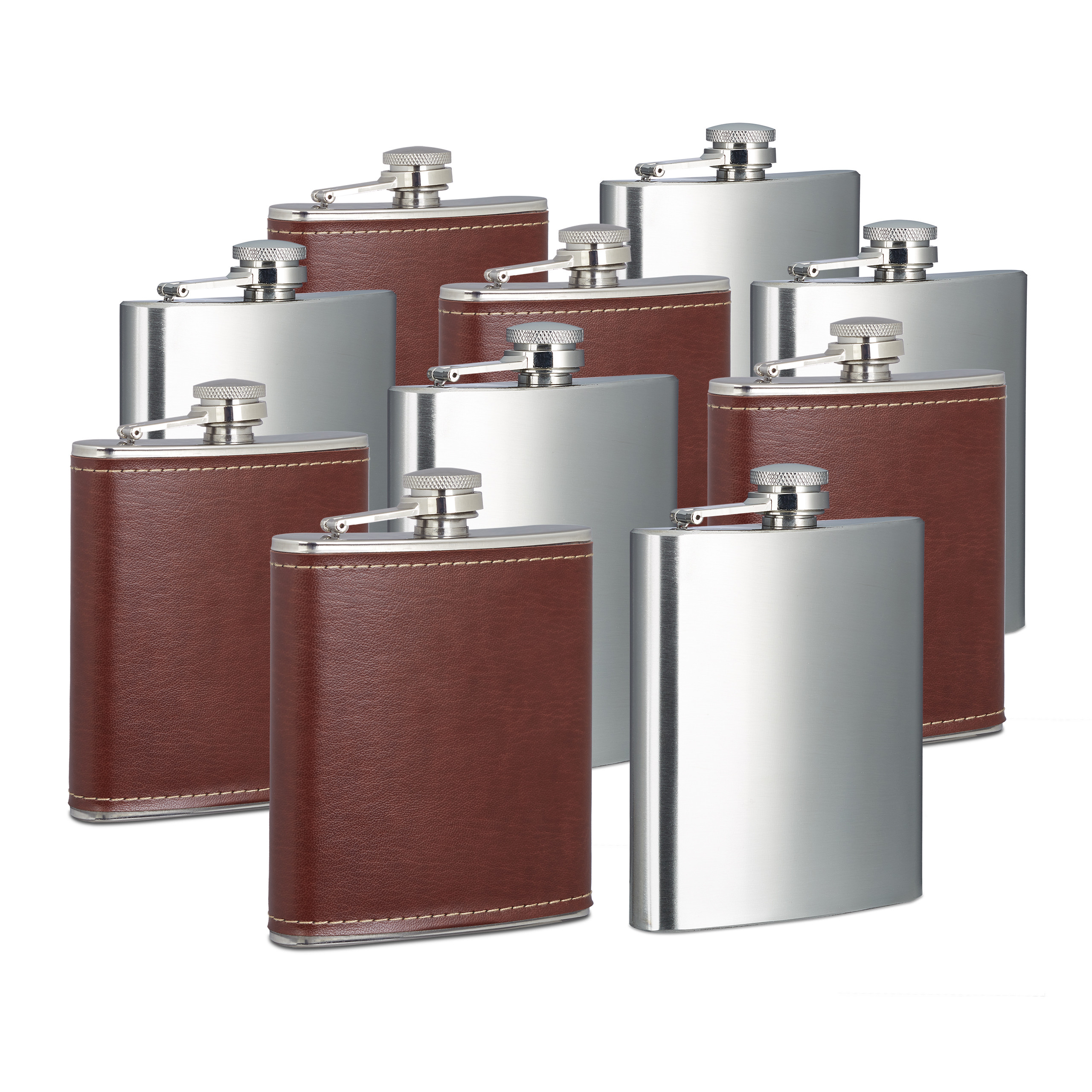Flacon de poche en acier inoxydable et simili cuir, argent, lot de 5