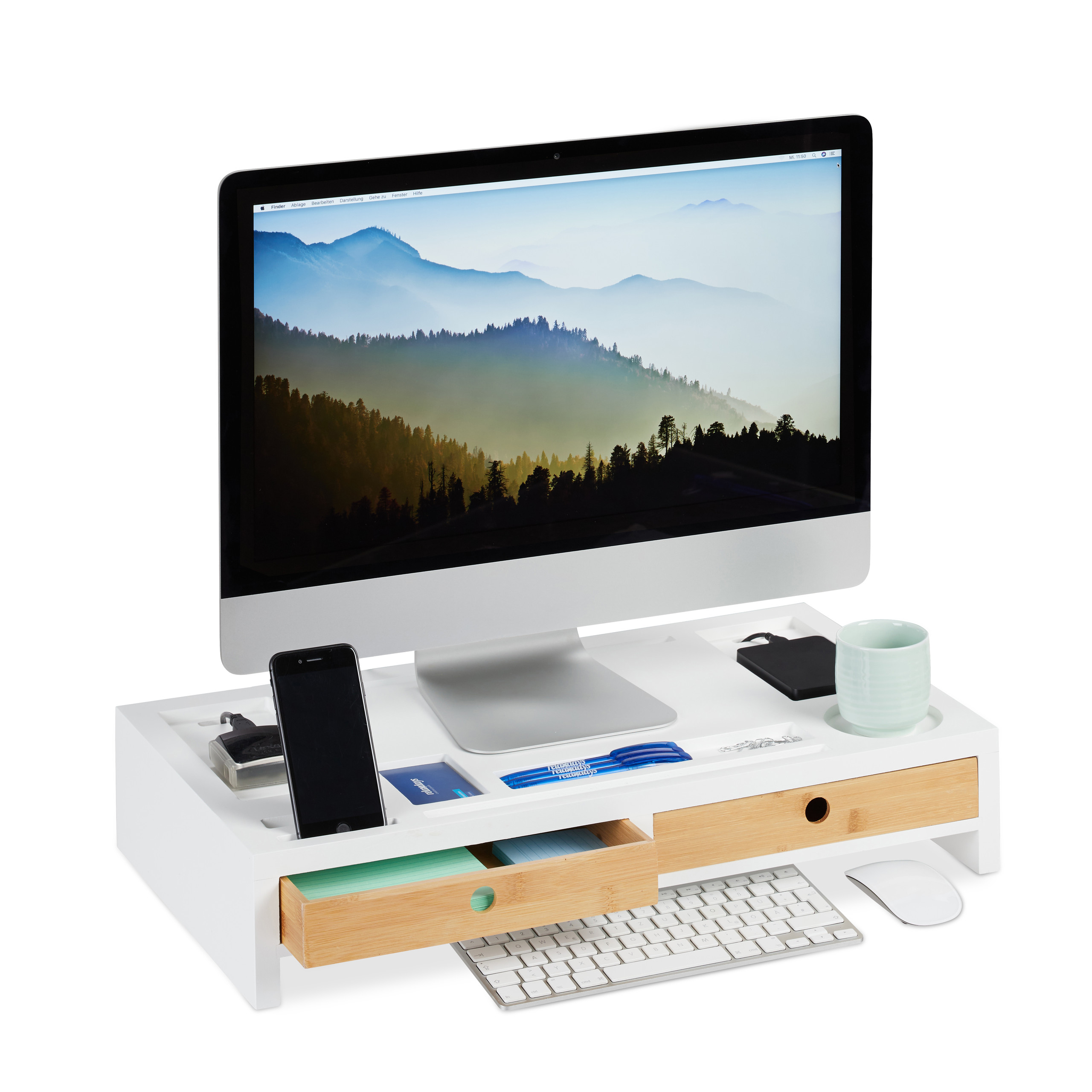 Supporto per monitor in legno, per computer e scrivania+3 cassetti