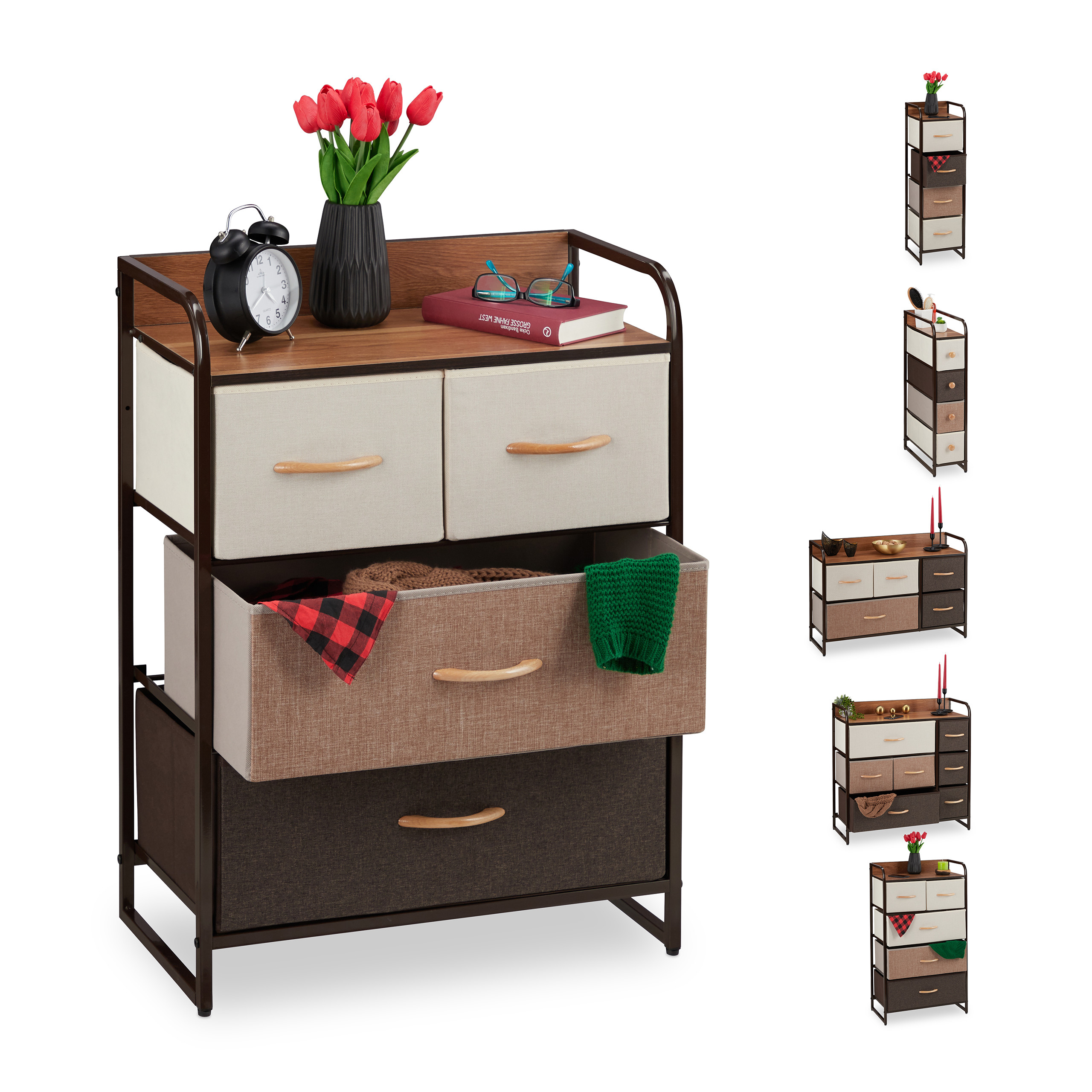 Cassettiera Con 5 Cassetti In Tessuto Beige - Mobiletto Multiuso Per Camera, Ufficio, 100x30x54.5 Cm