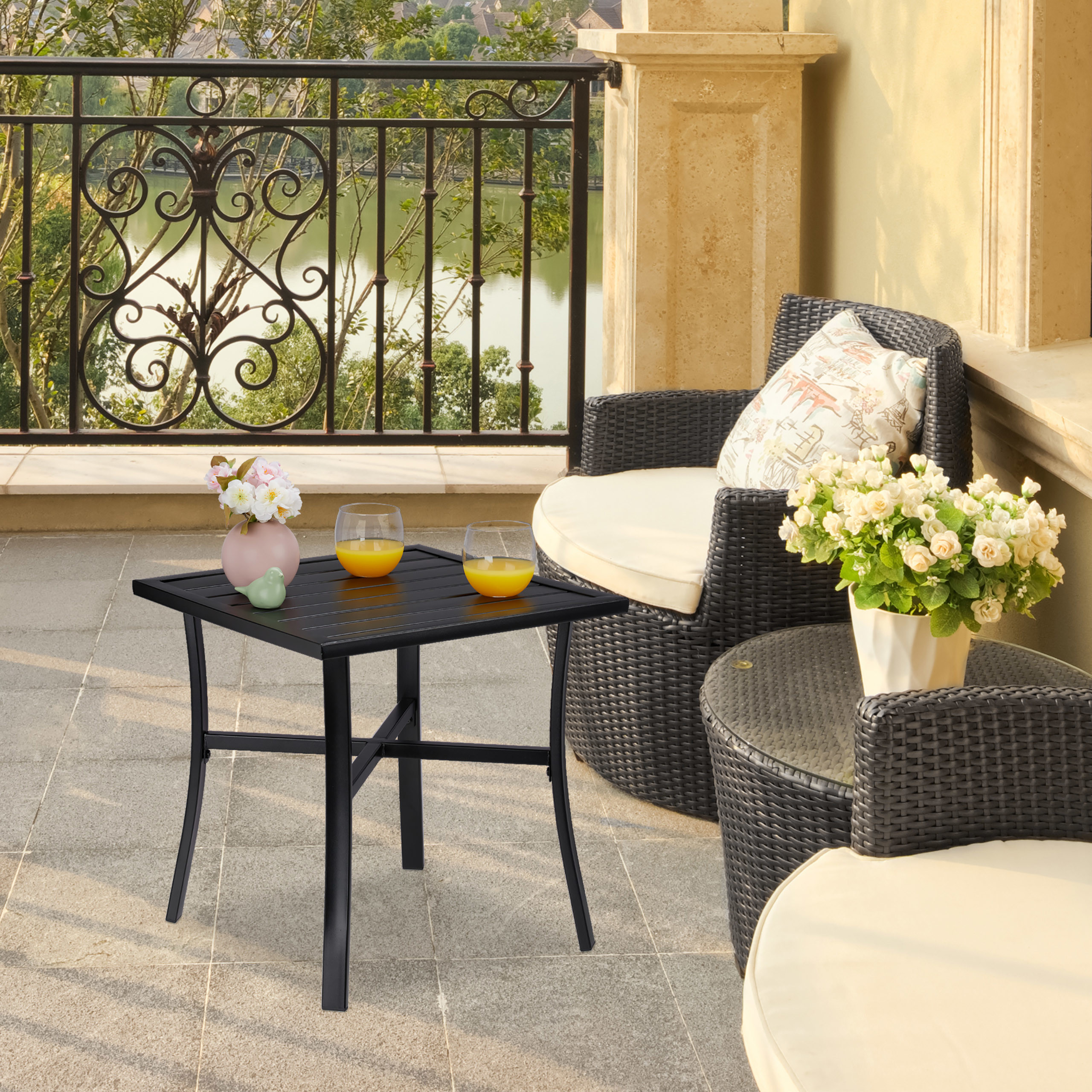 FANTASK Beistelltisch 46x46x46 Cm – Kleiner Gartentisch Aus UV-beständigem HDPE-Kunststoff, Wetterfest, Mit Lattenrost-Optik, Für Balkon, Terrasse & Garten, 100 Kg Tragkraft (Schwarz)