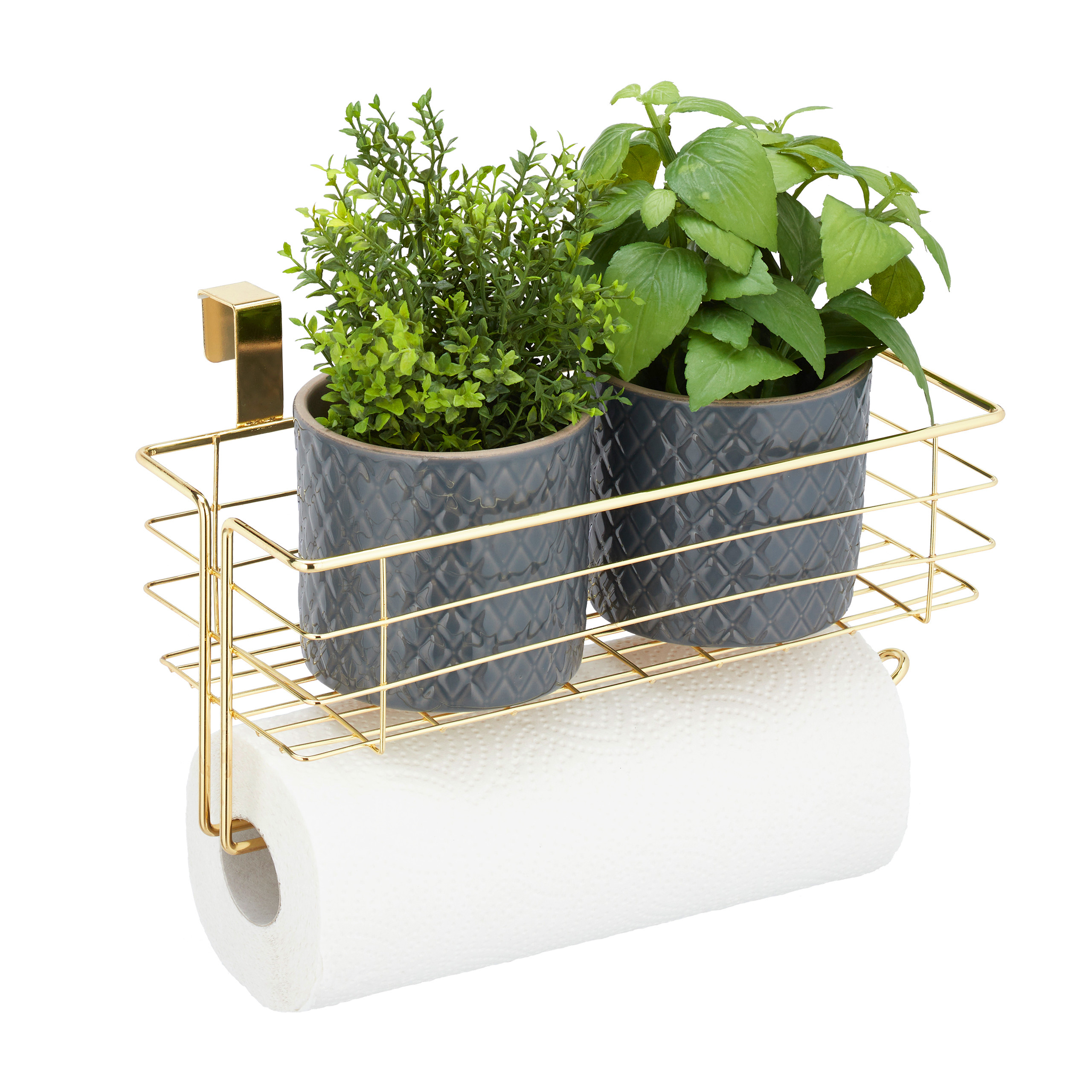 5 x Einhängekorb Drahtkorb mit Küchenrollenhalter Korbregal gold Küchenorganizer