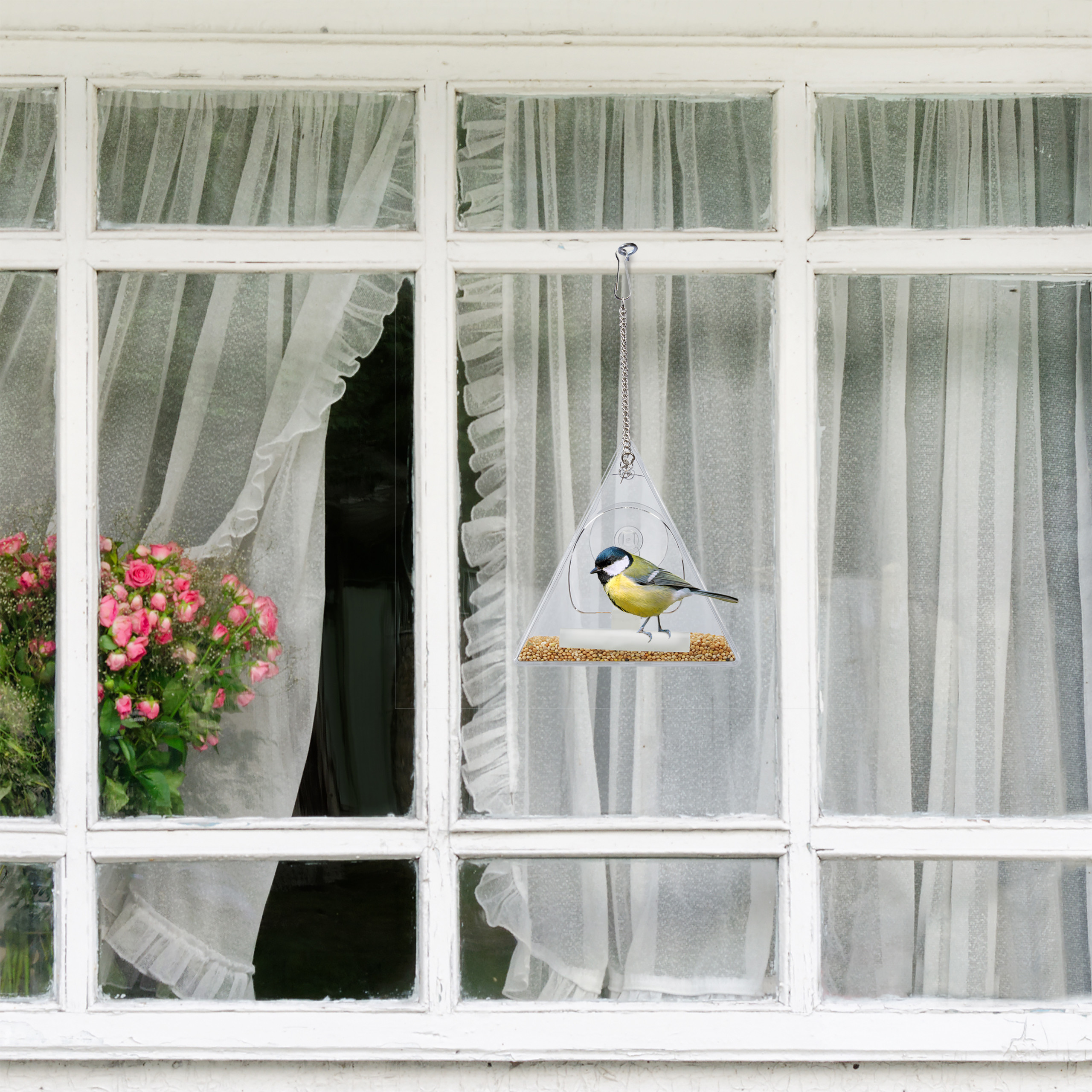 Vogelfutterspender Aus Acryl Mit Saugnapf & Kette – Durchsichtiges Fensterhaus Für Wildvögel, Dreieckige Form