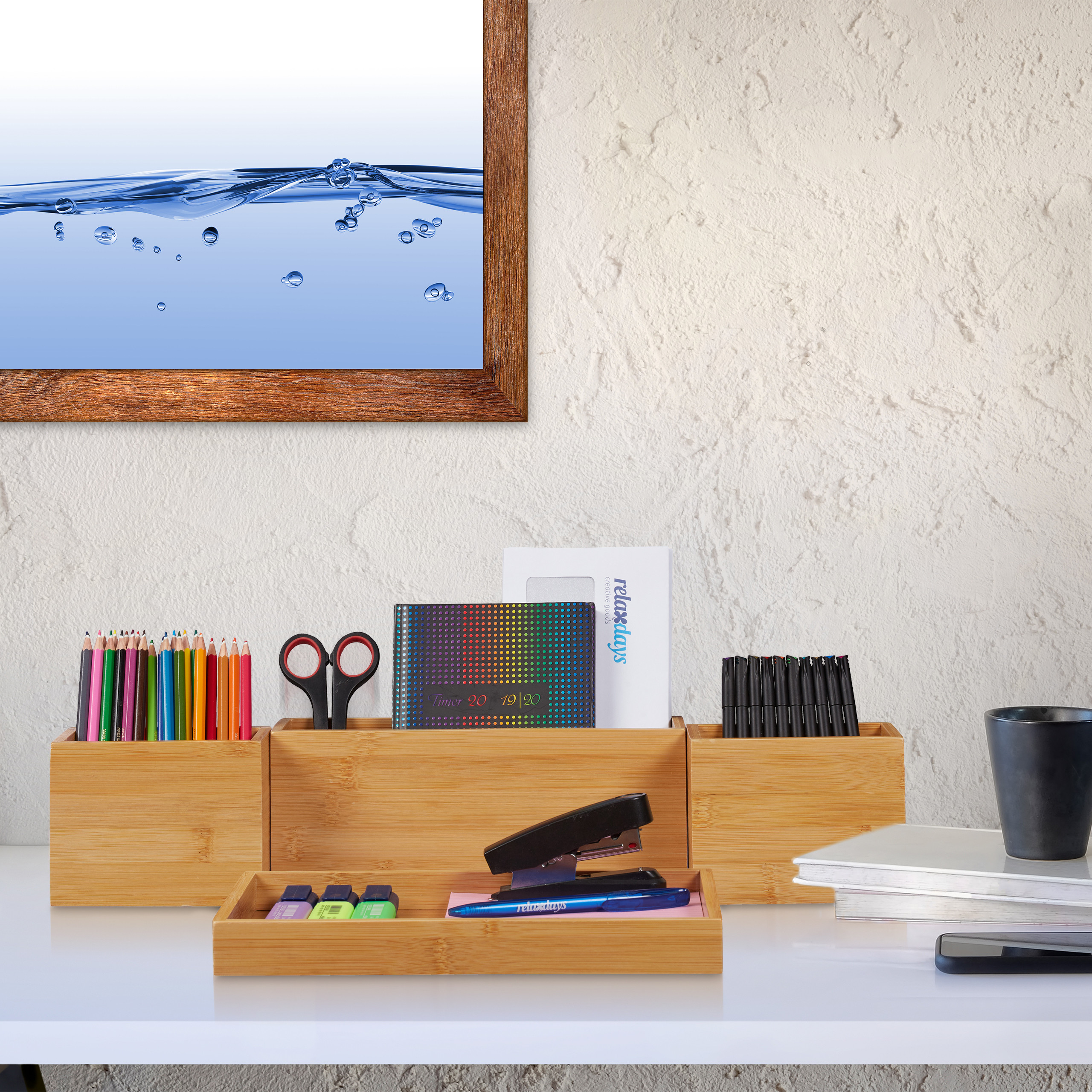 Organiseur De Bureau En Bambou Naturel - 6 Compartiments, Dimensions 14x28x20 Cm, Rangement Stylos, Documents A5 - Pour Bureau, Cuisine Ou Salle De Bain