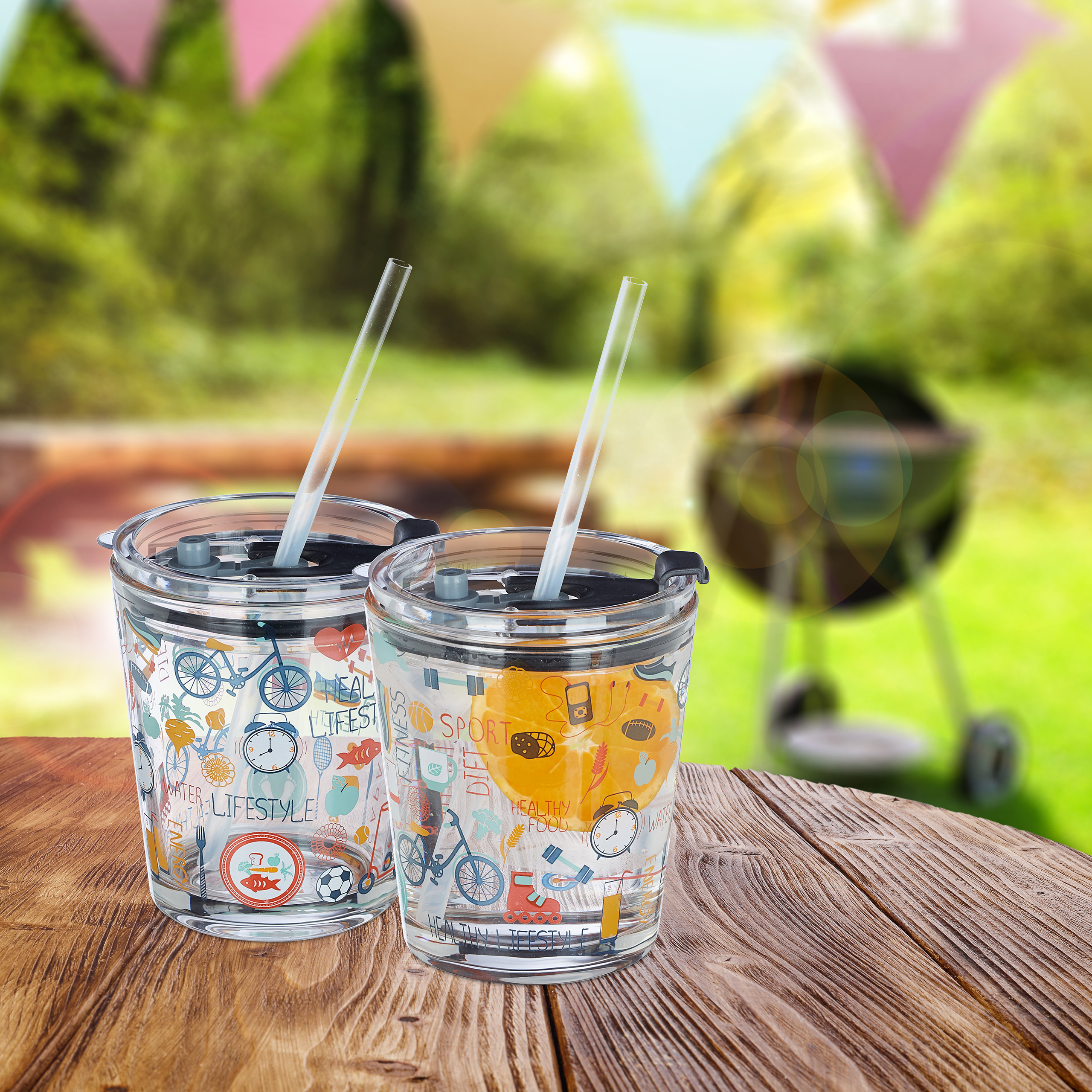 Glasbecher Glastrinkbecher Sport Design Trinkglas Glas Deckel Strohhalm 4er Set