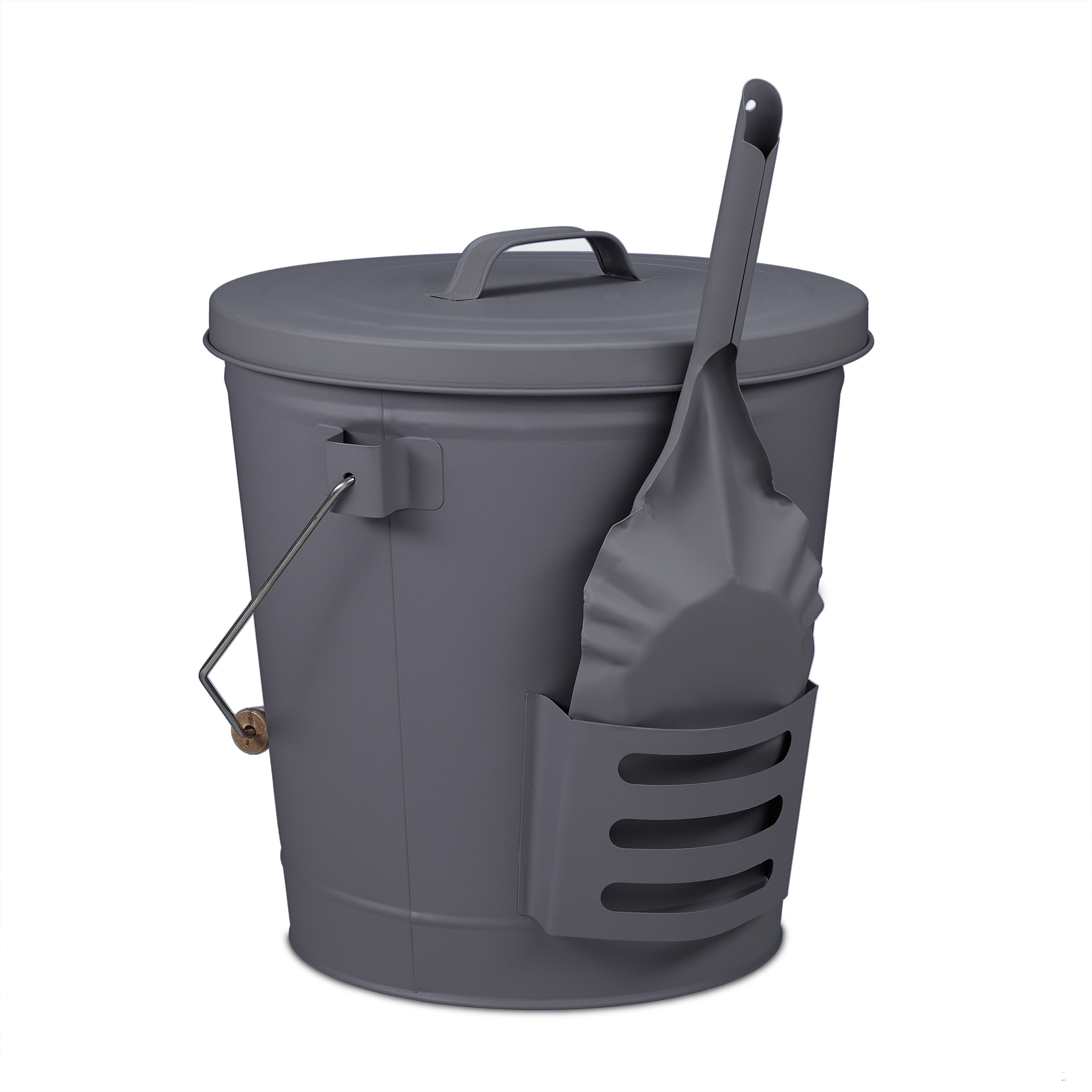 Secchio Raccoglicenere Relaxdays 12 L Con Coperchio – In Acciaio Verniciato, Manico In Legno, Per Camino, Stufa E Barbecue, Grigio 30x33x31,5 Cm