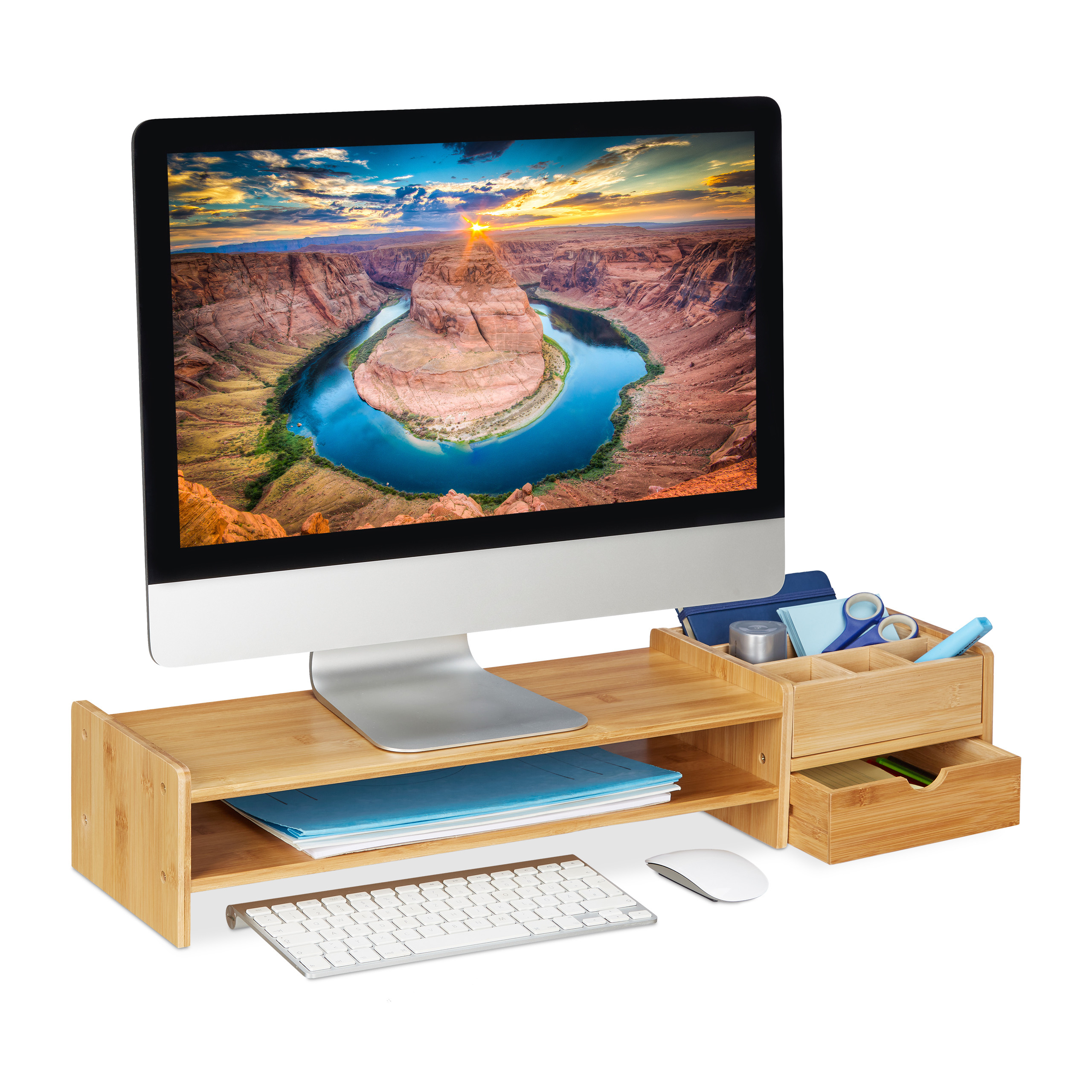 Supporto Monitor Scrivania Relaxdays Supporto Per Monitor, Rialzo Per Schermo Con 4 Scomparti E 2 Cassetti Stand Hlp 12x56x27 Cm Bianco Naturale 85216356 Staffa Doppio Monitor - 14