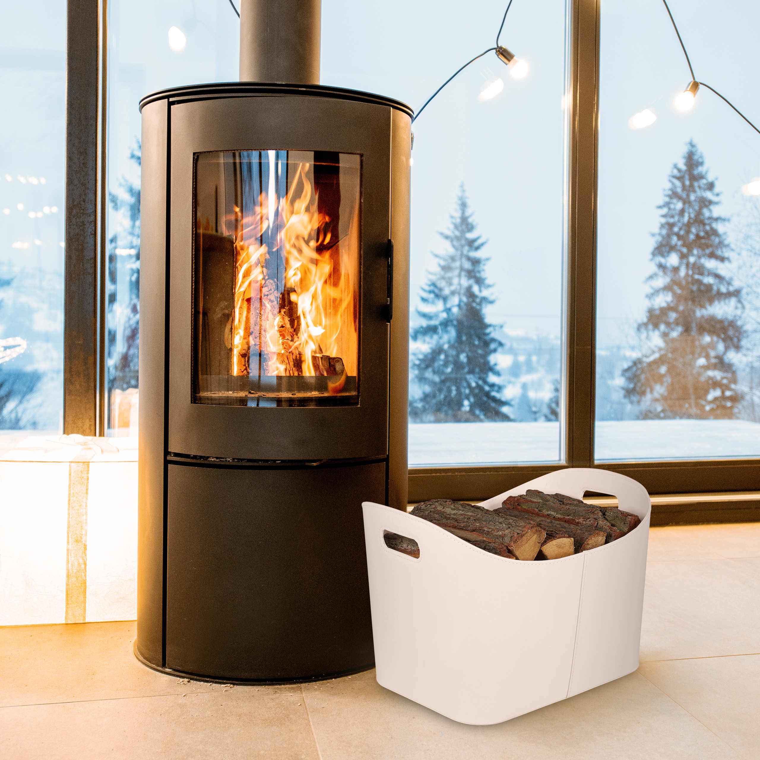 Cesta de madera cesta de madera para chimenea cesta de cuero sintético cesta multiusos blanco crema estable crema - Imagen 4 de 10