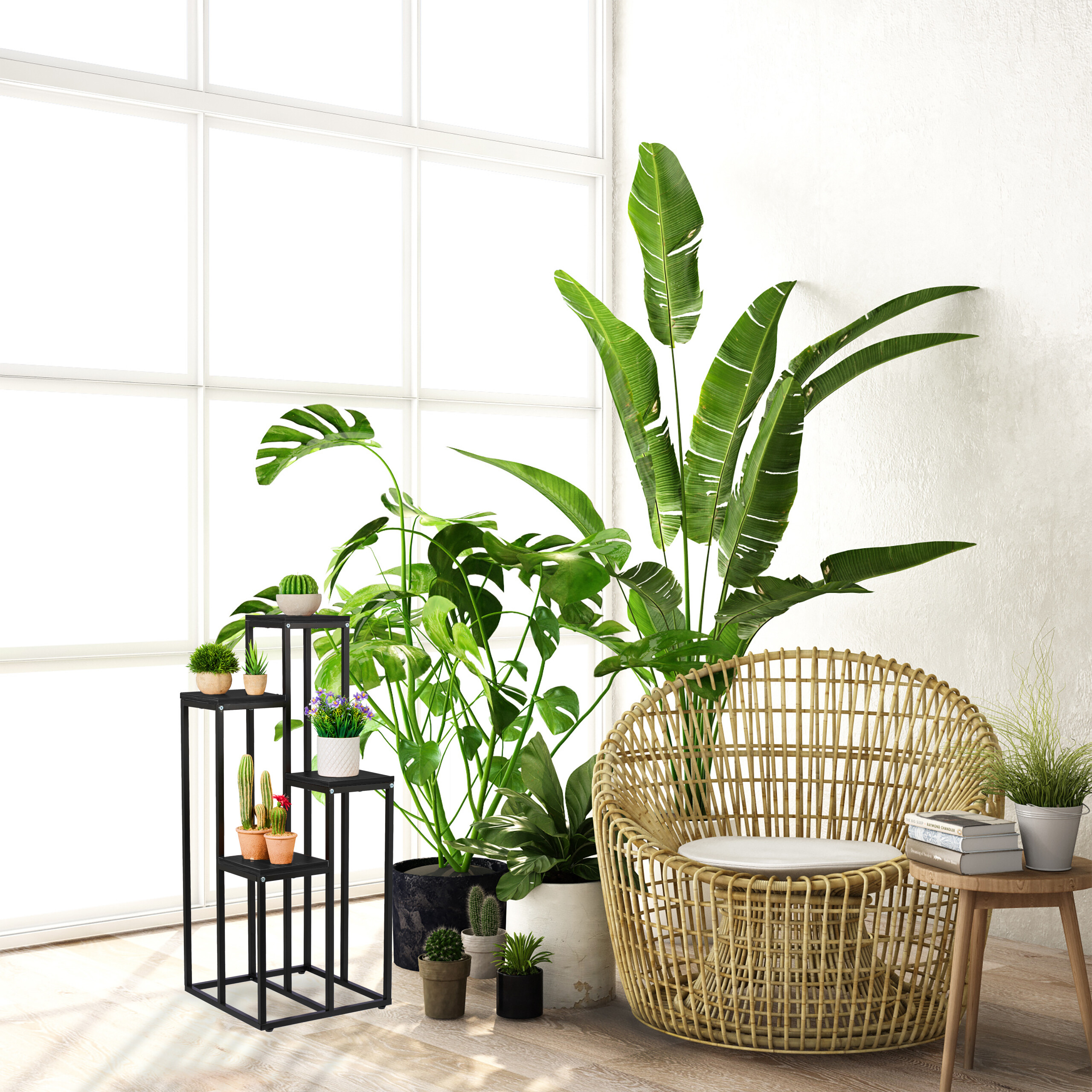 Étagère à Plantes Relaxdays - 4 Niveaux, Métal Et Plastique Noir, 81x48x49 Cm, Pour L'intérieur