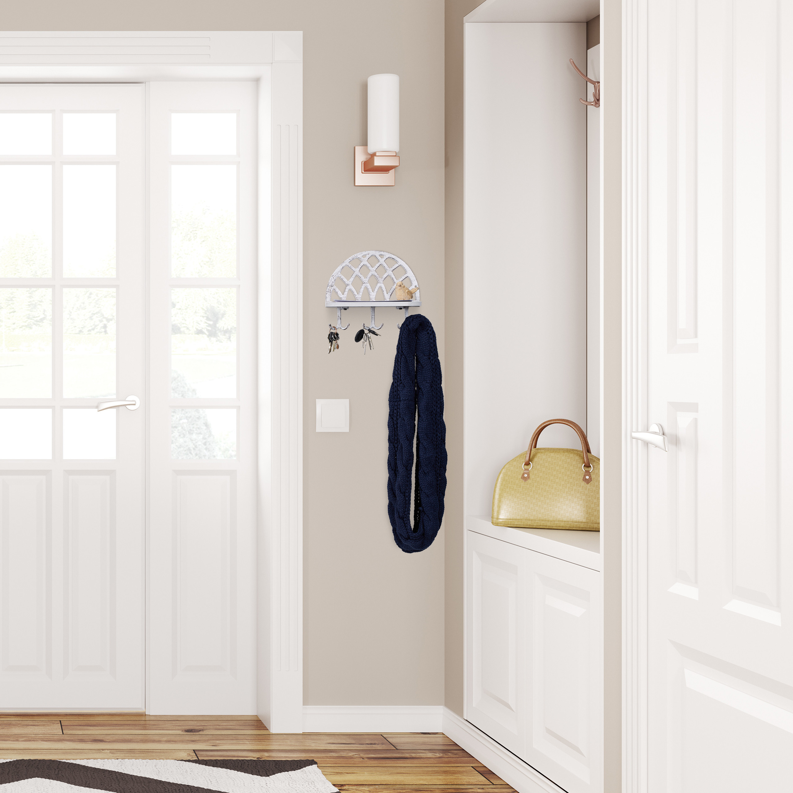 Portachiavi Da Parete Con 6 Ganci | Mensola Included | Bianco | Acciaio Inox | Adesivo O Viti | Per Ingresso E Ufficio