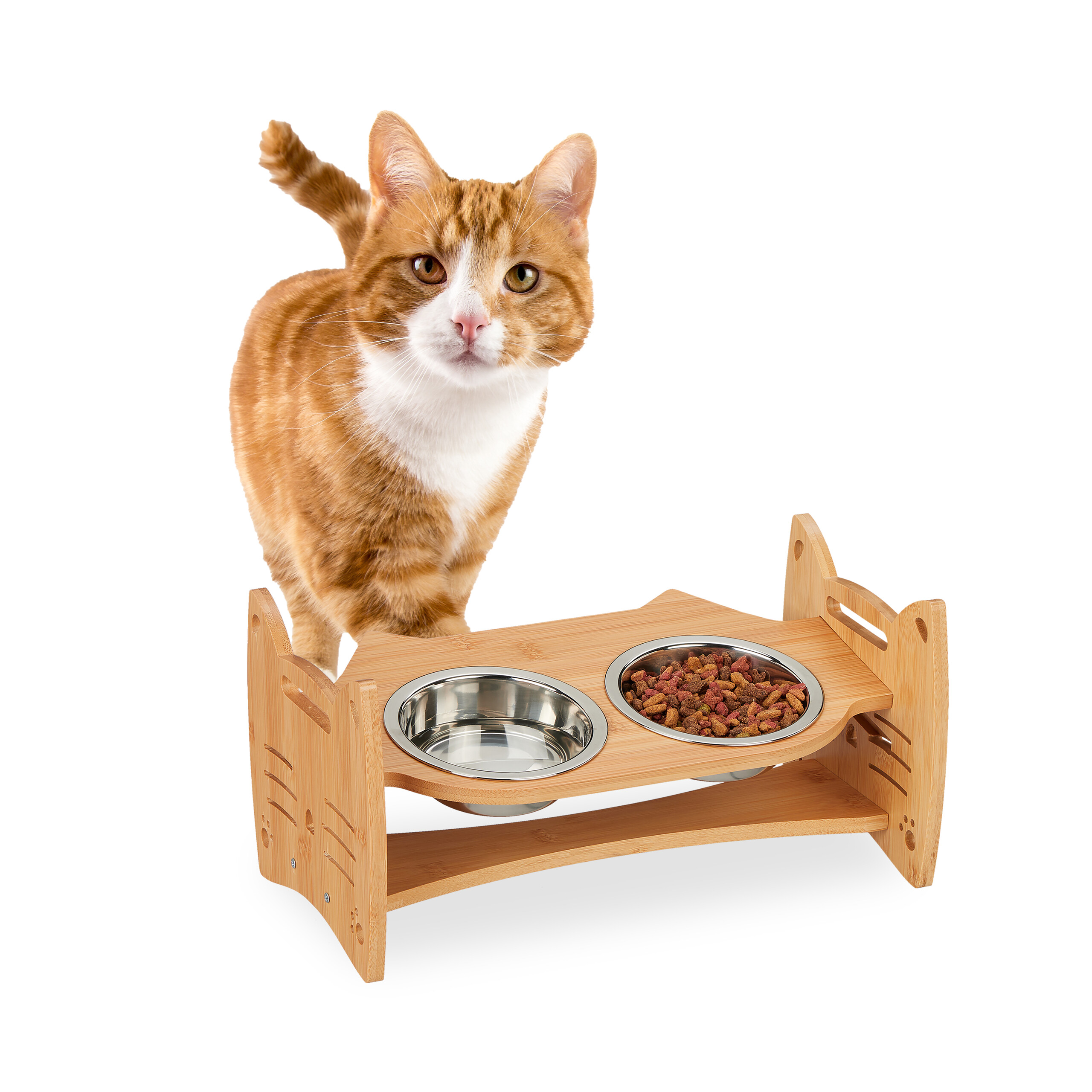 Mangiatoia Per Gatti 3 Ciotole Rialzate - Con Supporto In Legno E Ciotole In Acciaio Inox - Foto 8