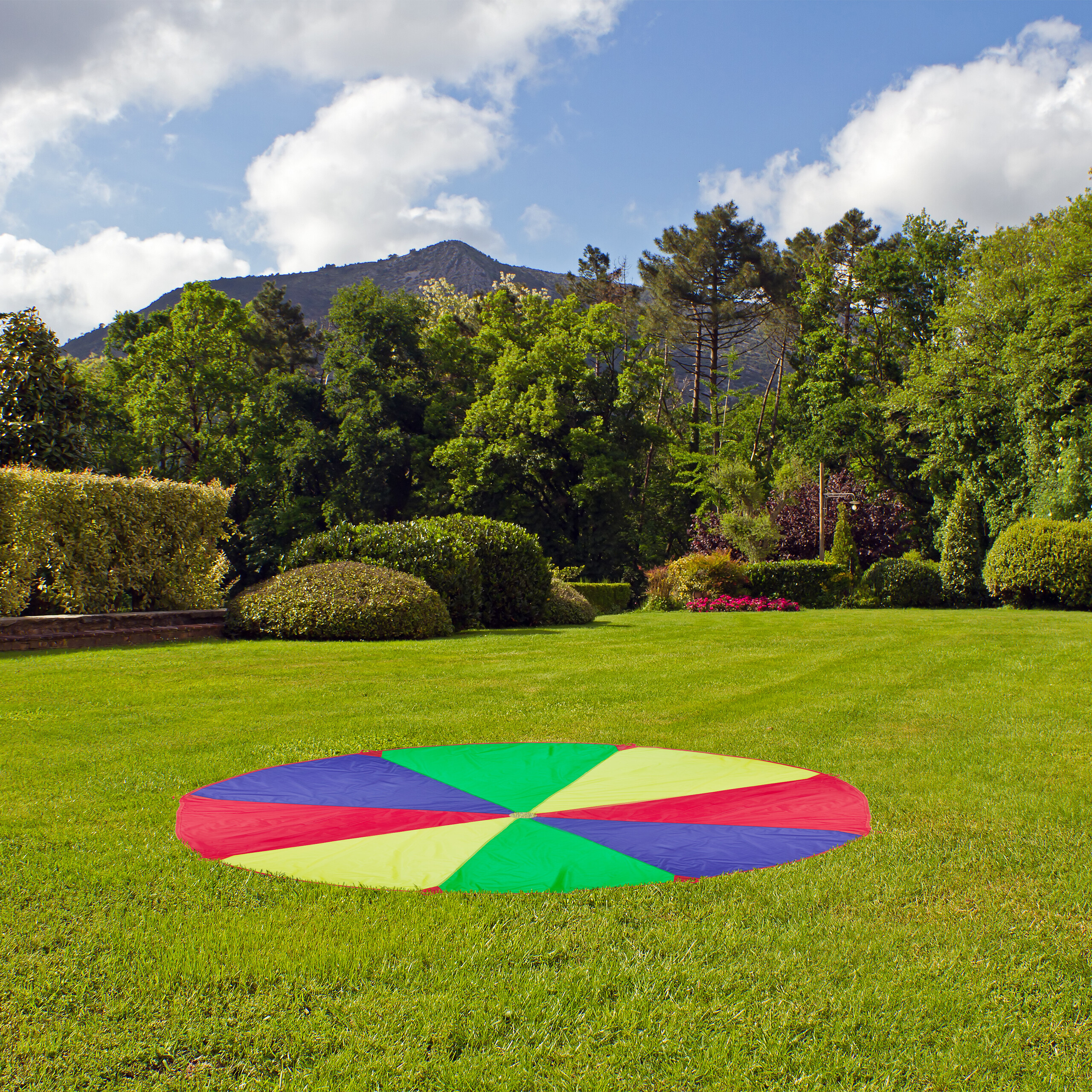 Paracadute Arcobaleno 6 Metri Con Manici - Giocattolo Per Bambini, Giochi Di Squadra, Palestra, Attività All'Aperto, Tessuto Resistente Agli Strappi