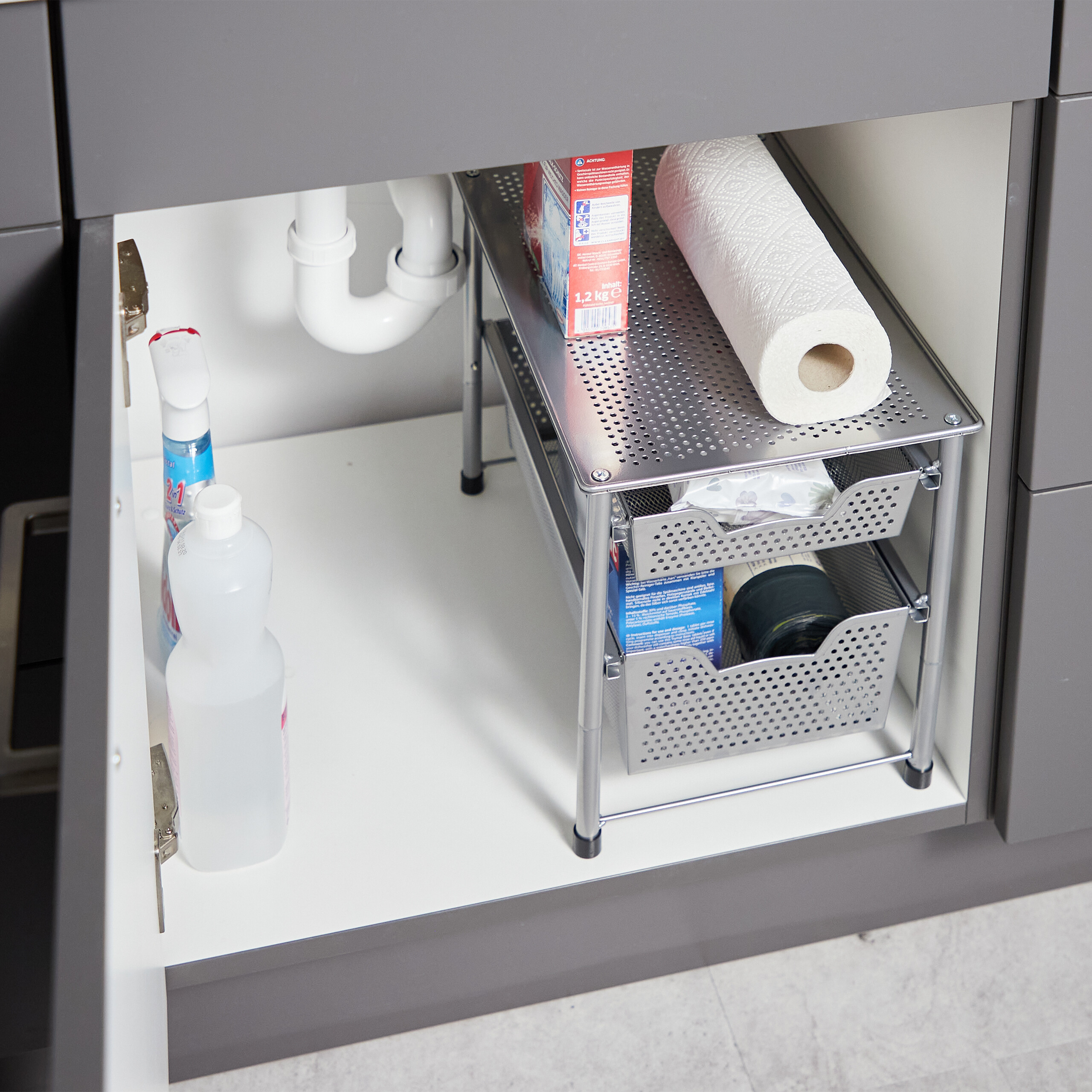 Estantería organizadora con 2 cajones rejilla Organizador cocina o baño apilable - Imagen 8 de 11