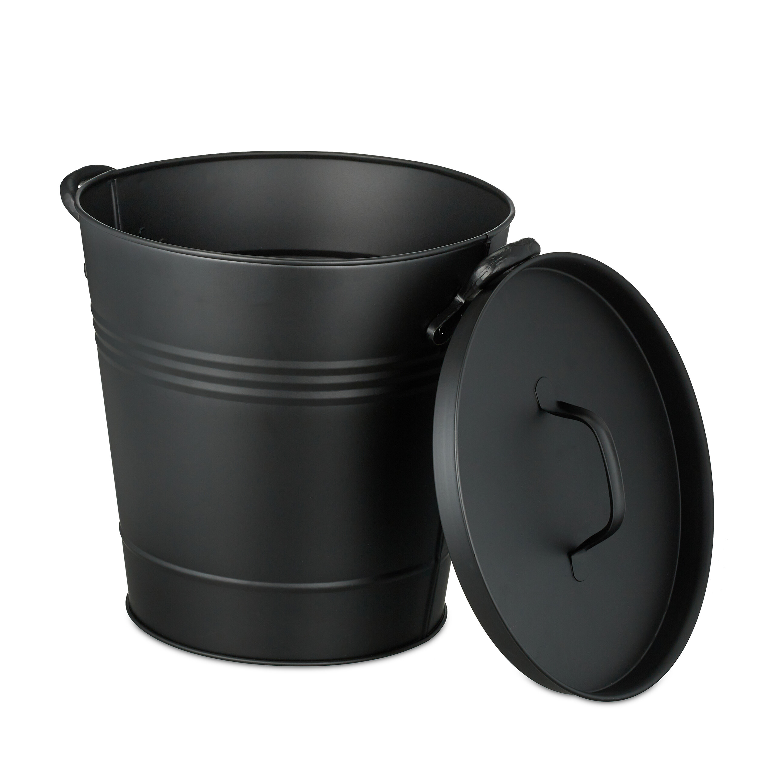Relaxdays Secchio Portacenere Per Camino E Barbecue - 12 Litri, Acciaio E Legno, Coperchio, Manico, Nero, Resistente Fino A 200°C