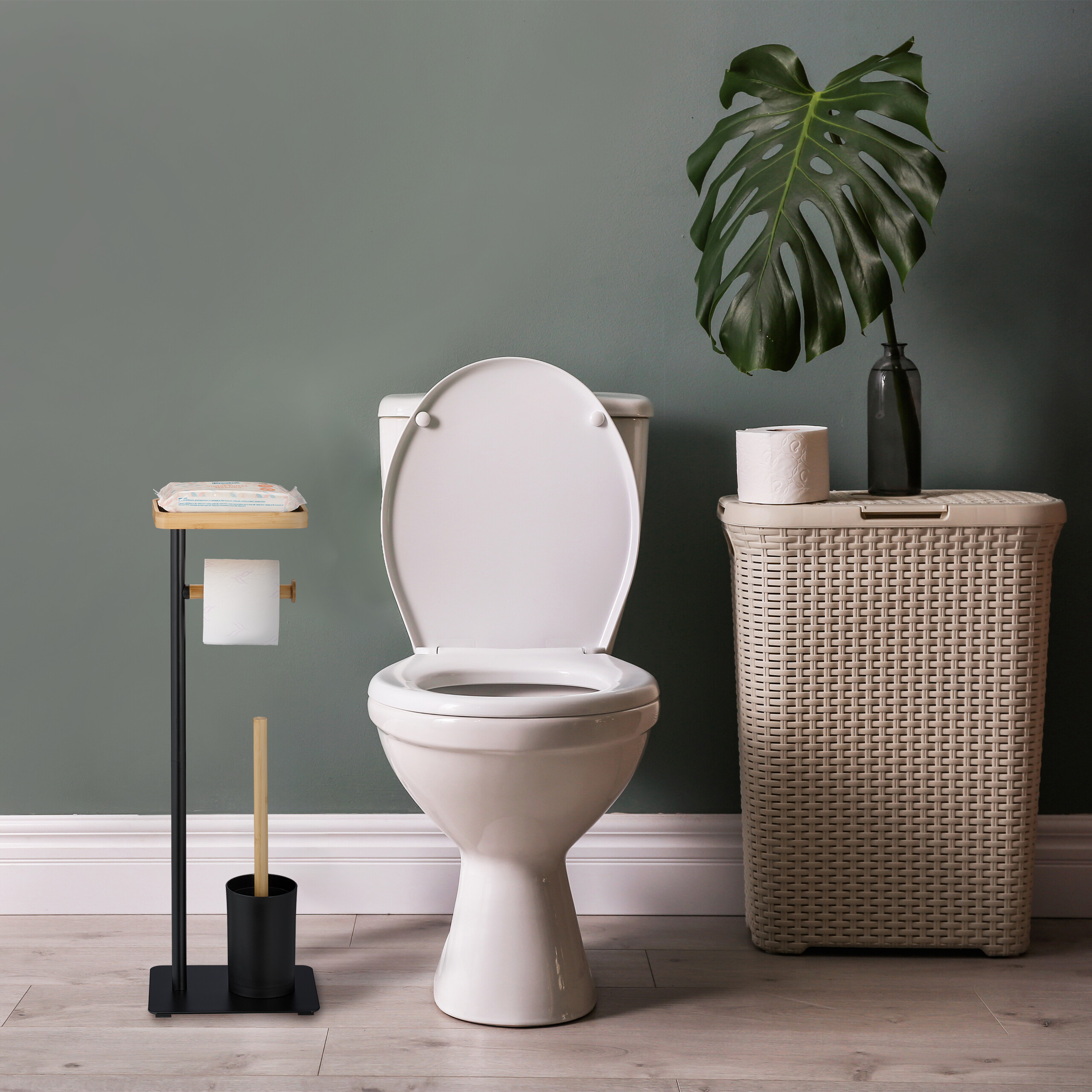 WC Garnitur Toilettenpapierhalter Klobrste WC-Stnder Bambus Eisen  Toilettenset | eBay