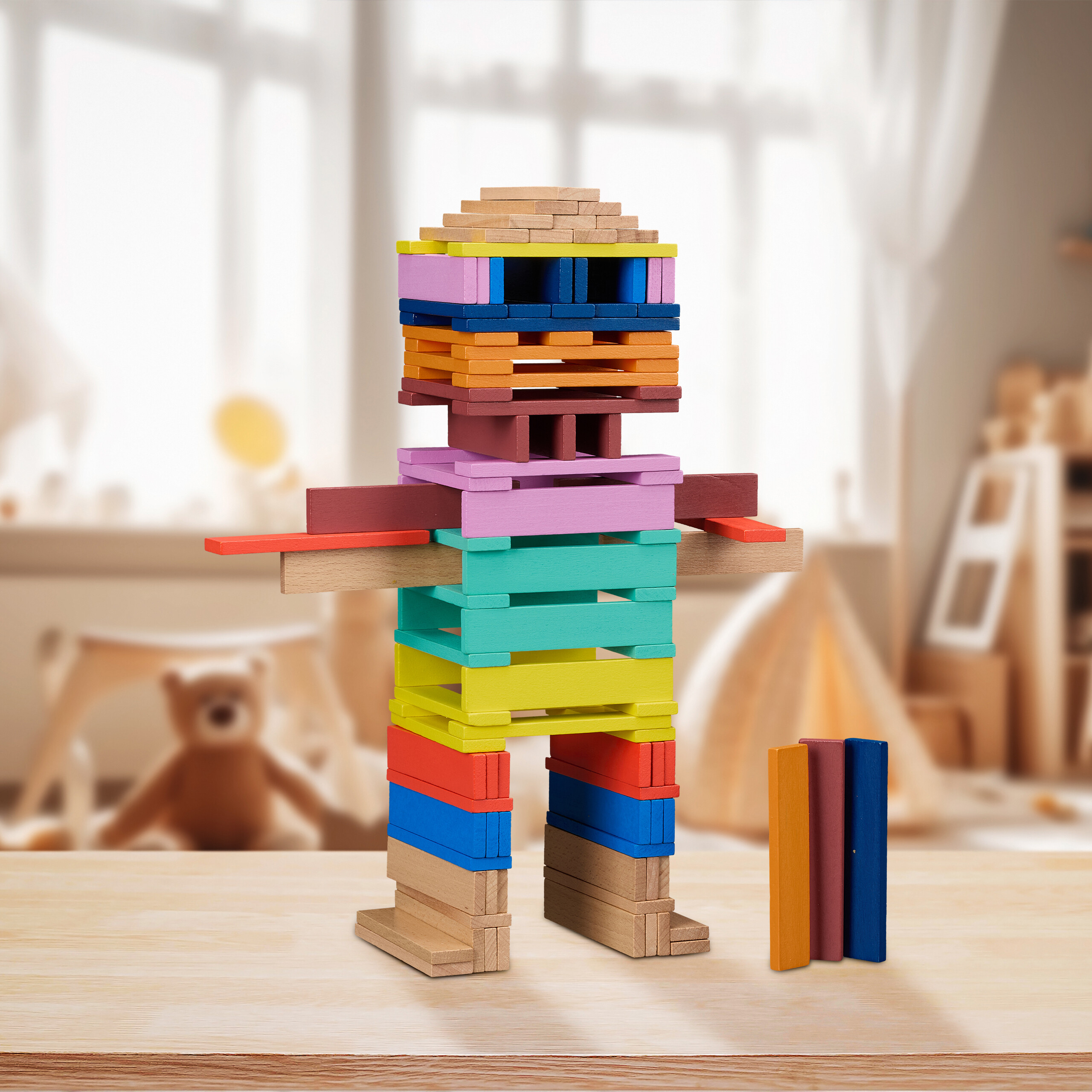 Gioco Legno Bambini 3 Anni 100 Blocchi Costruzione Motricità Mattoncini Impilare - Foto 4 di 17