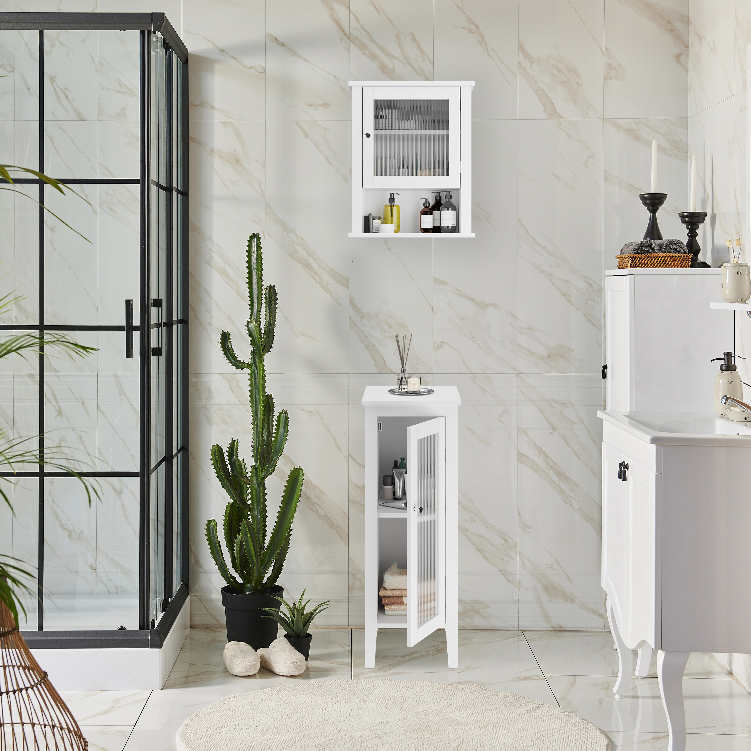 Relaxdays Badezimmerschrank Weiß 81x30x33cm - Schmaler Beistellschrank Mit 2 Fächern