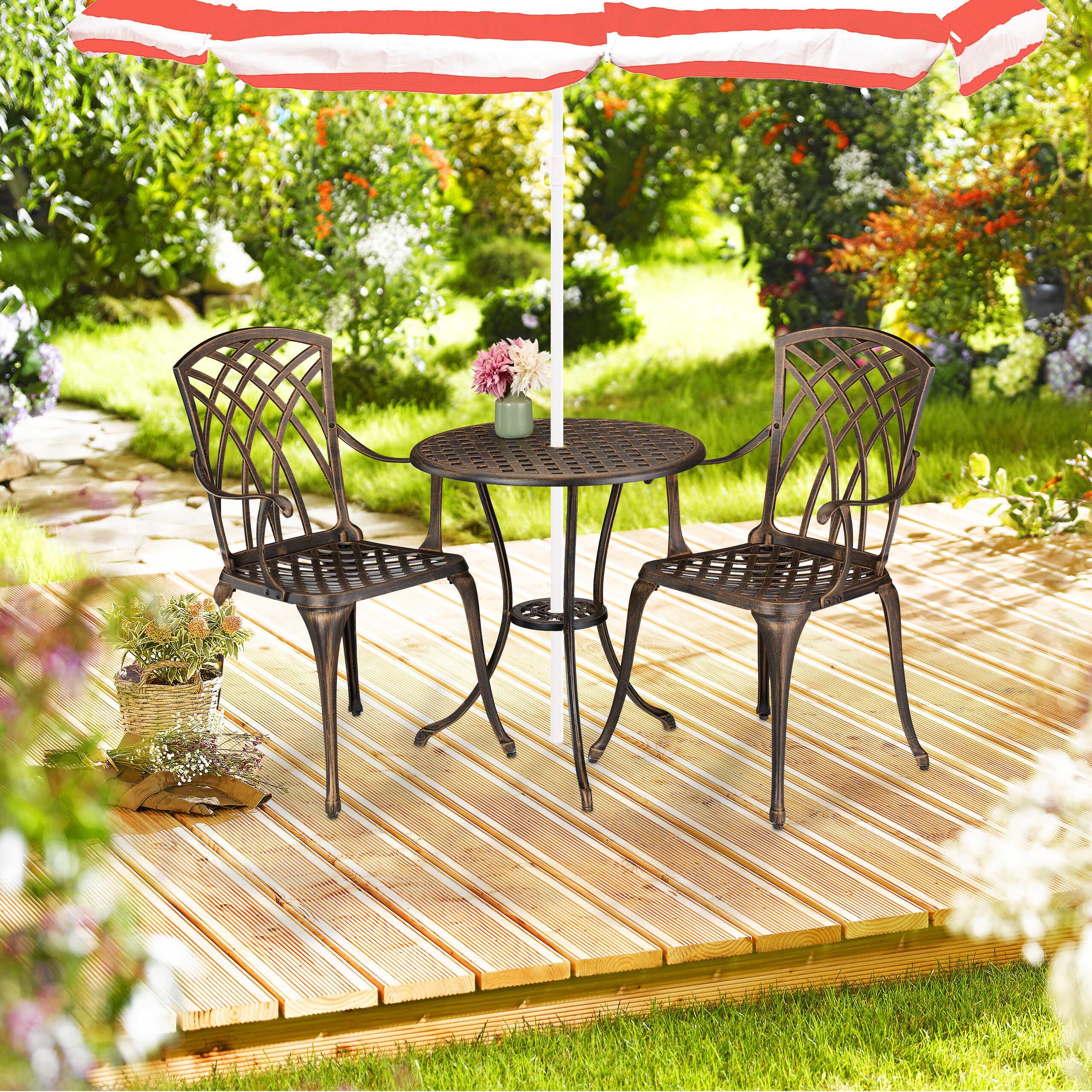 CLkPde Bistro Table And Chairs Set Of 2 Outdoor -3 Piece Outdoor Patio Set Rose Pattern Cast Aluminum Patio Bistro Set Garden Balcony Durable Rust All Weathe