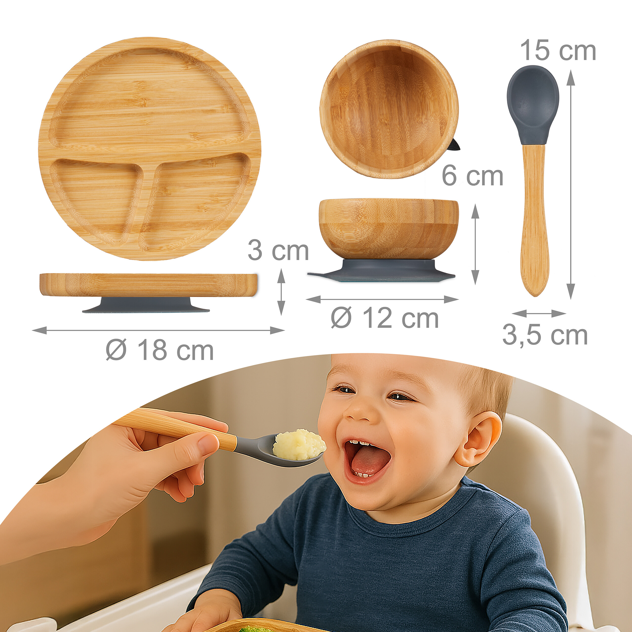 Kindergeschirr Bambus Teller Kinderteller Babyteller mit Saugnapf Baby 3-tlg. - Bild 5 von 9