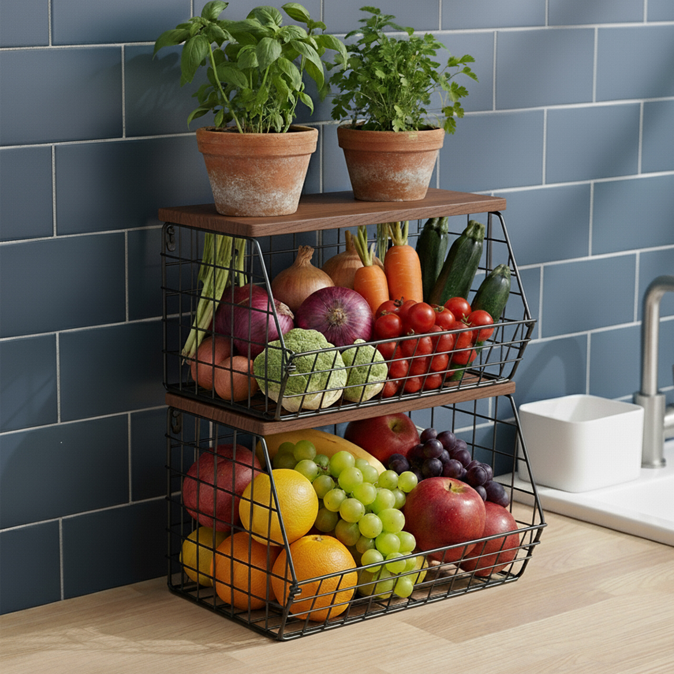 Obstkorb Wandregal Hängeregal Gemüsekorb Metallkorb Korbregal Gitter Wandmontage - Bild 7 von 30