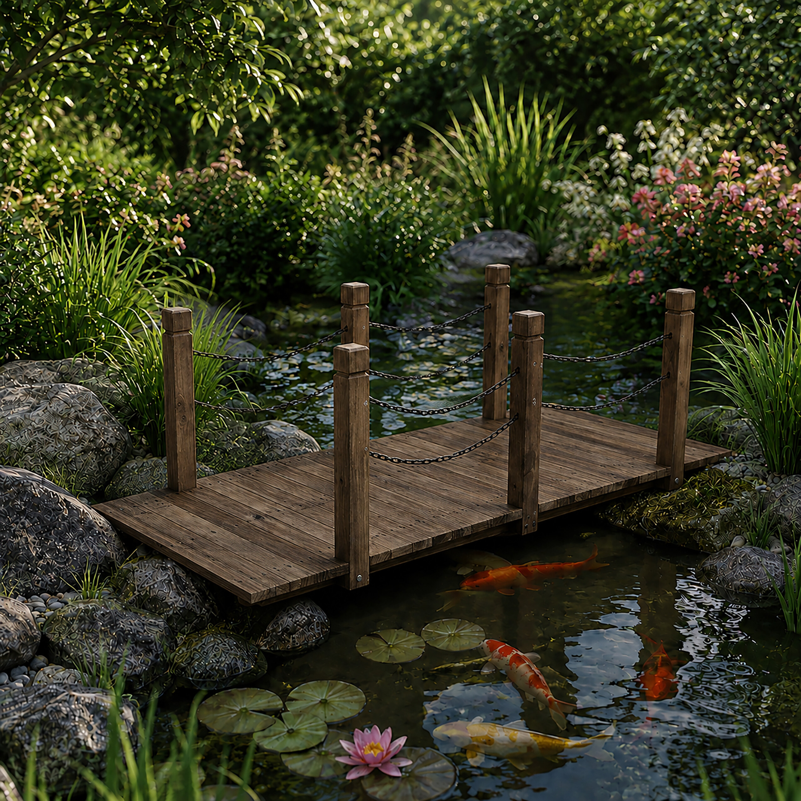 Garden wooden arched bridge, ornamental decorative pond bridge, fir timber - Produktbild 1