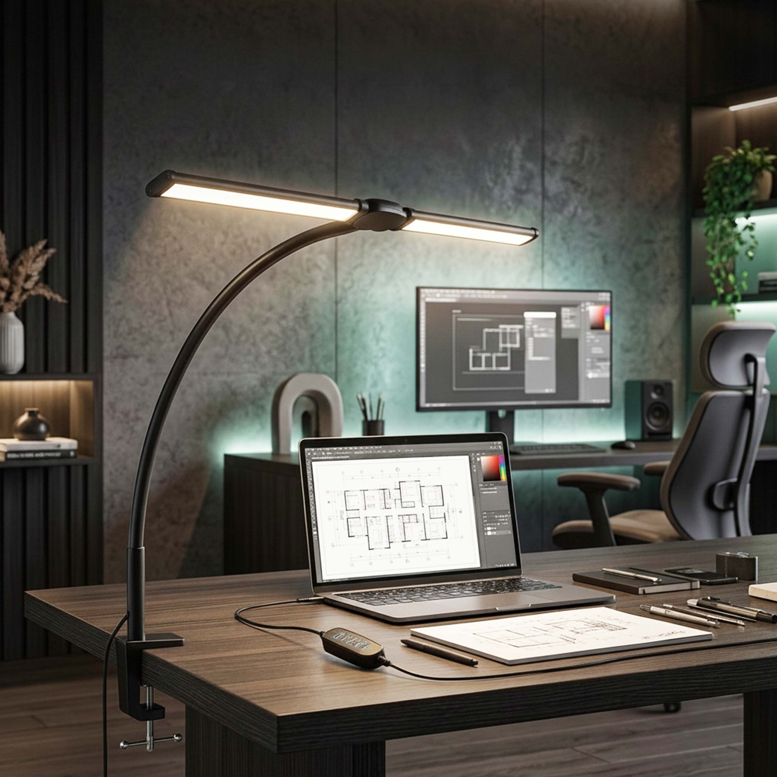 Desk lamp, dual-head clamp lamp, LED, USB inline control - Produktbild 1