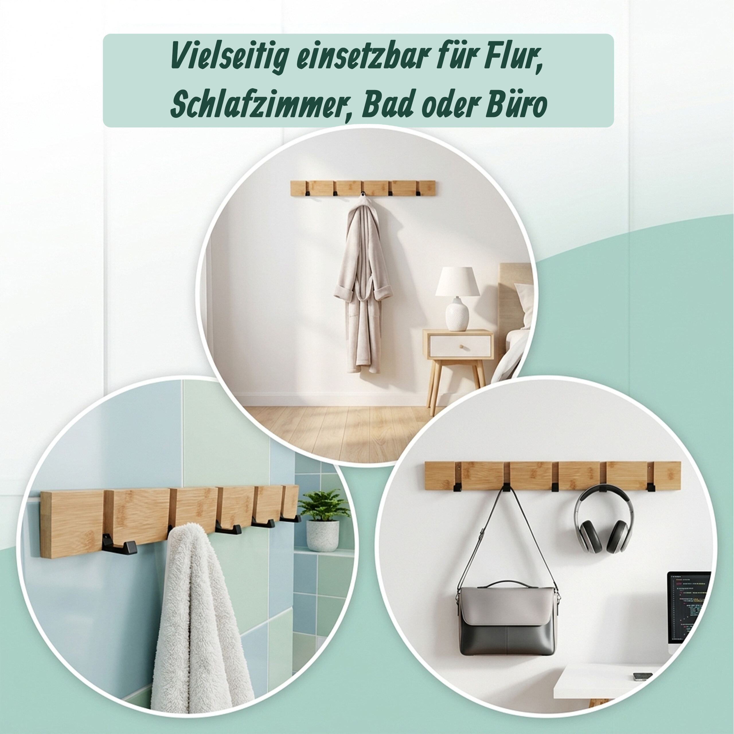 Garderobenleiste Kleiderhaken Garderobenhaken Hakenleiste Wand Garderobe Bambus - Produktbild 1