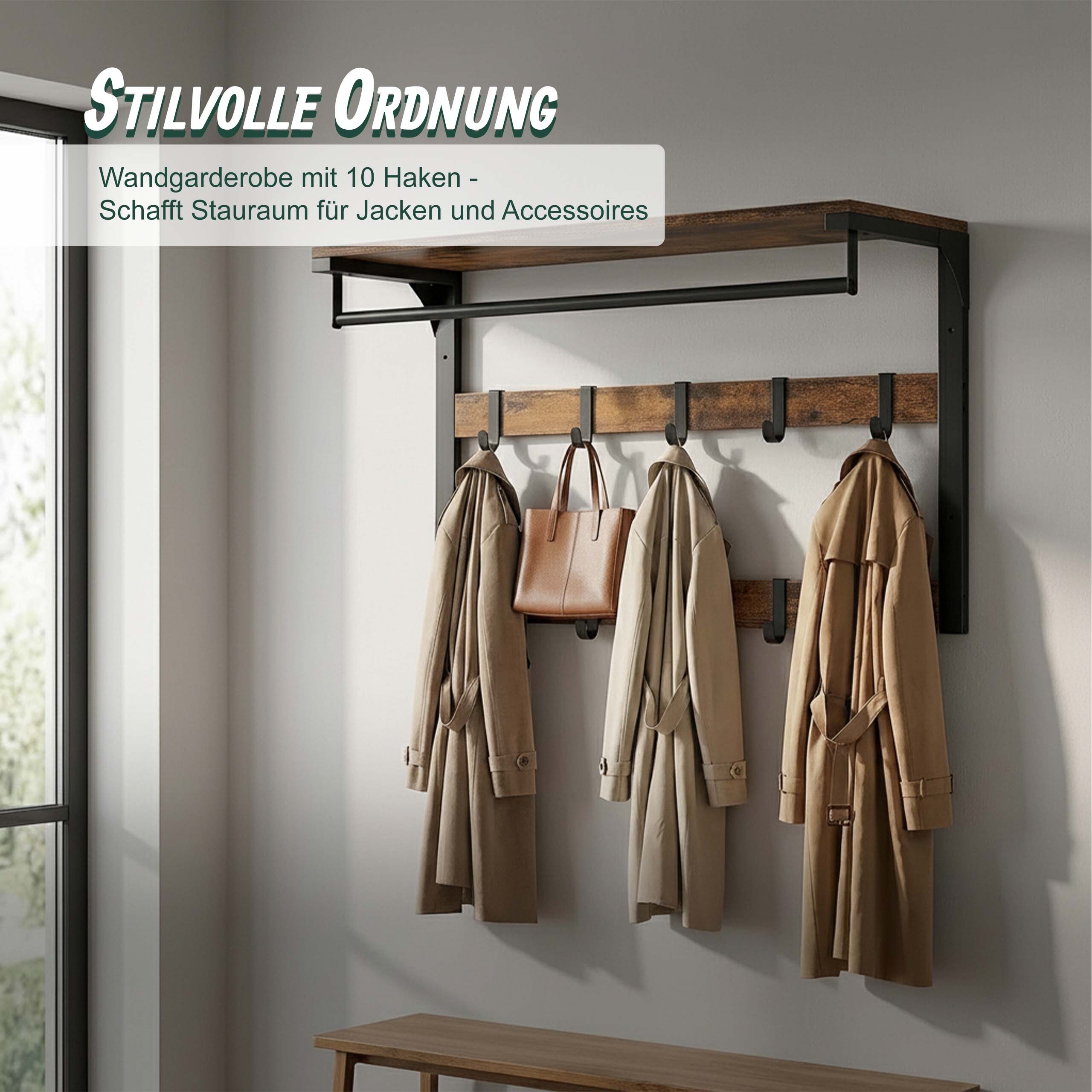 Wandgarderobe Hakenleiste Kleiderstange Hutablage Garderobe 10 Garderobenhaken - Produktbild 4