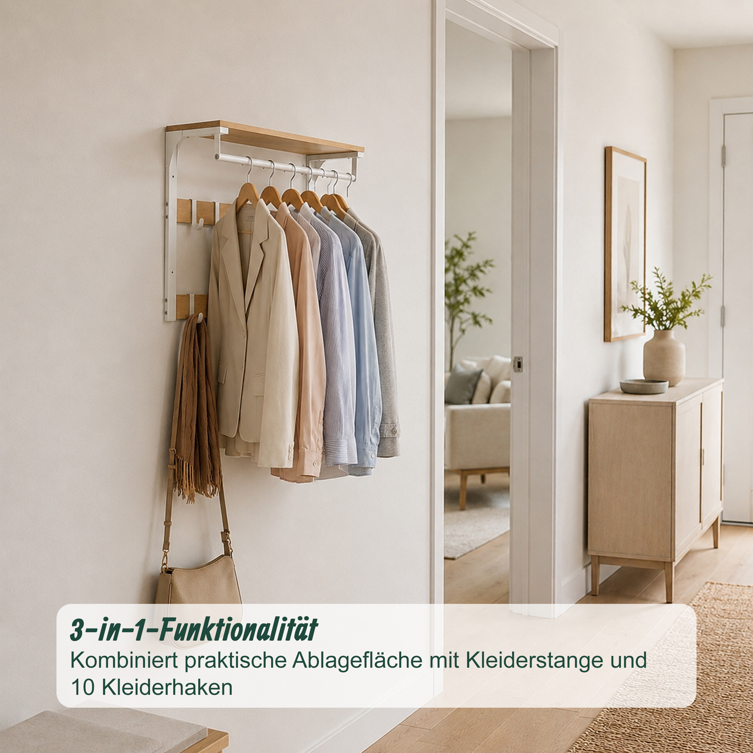 Wandgarderobe Hakenleiste Kleiderstange Hutablage Garderobe 10 Garderobenhaken - Produktbild 5