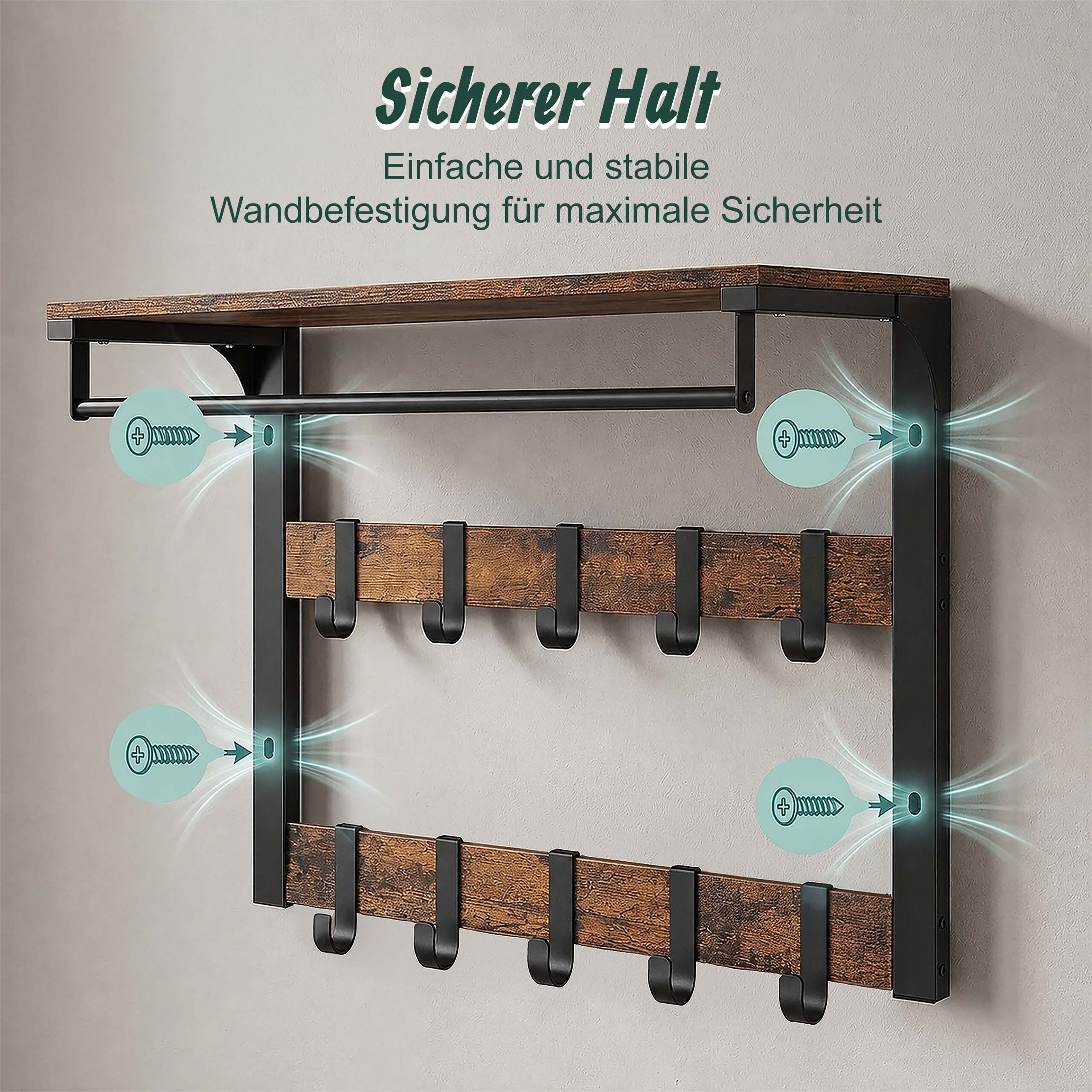 Wandgarderobe Hakenleiste Kleiderstange Hutablage Garderobe 10 Garderobenhaken - Produktbild 6