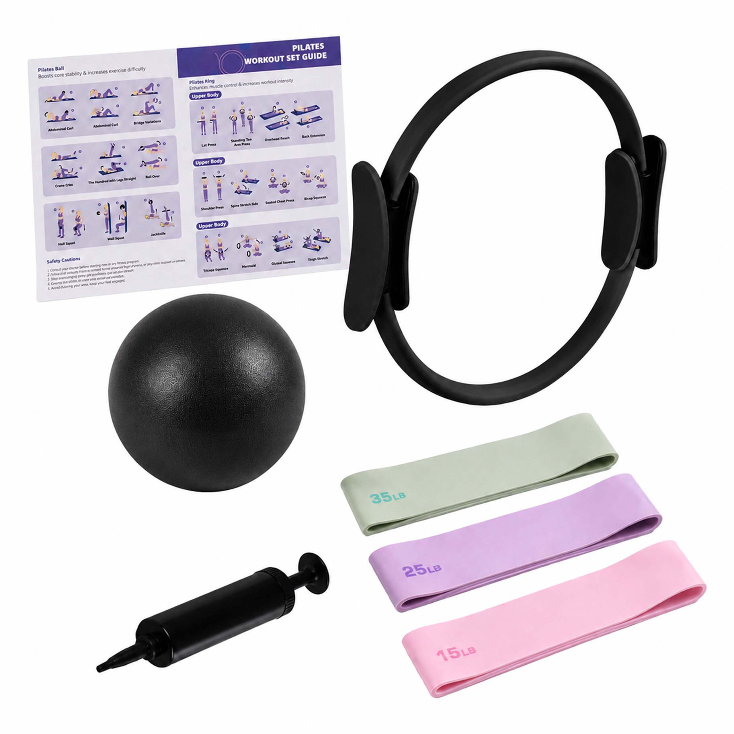 Kit Pilates: anneau, ballon, 3 bandes, accessoires, fitness à domicile